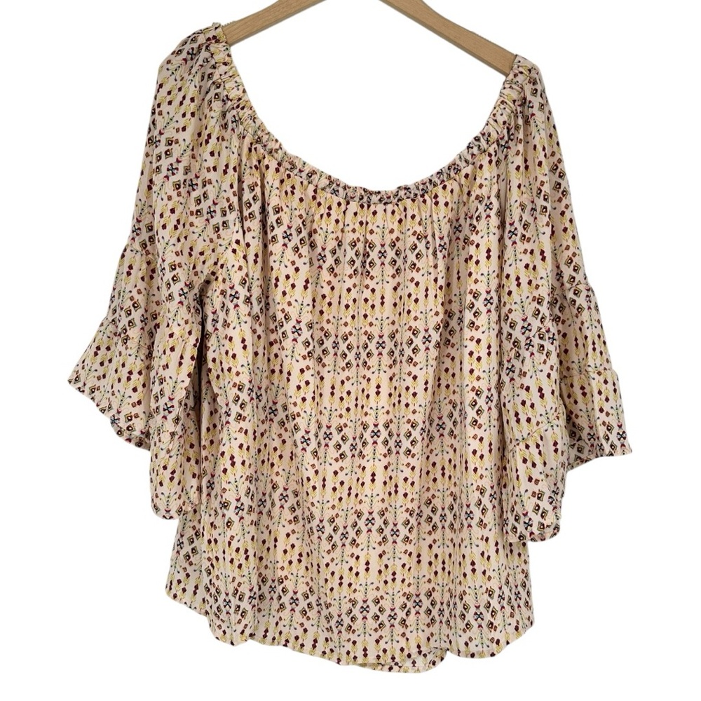 Heyson Cream Yellow Print Off Shoulder Top size 2X 3/4 Bell Sleeves NWT